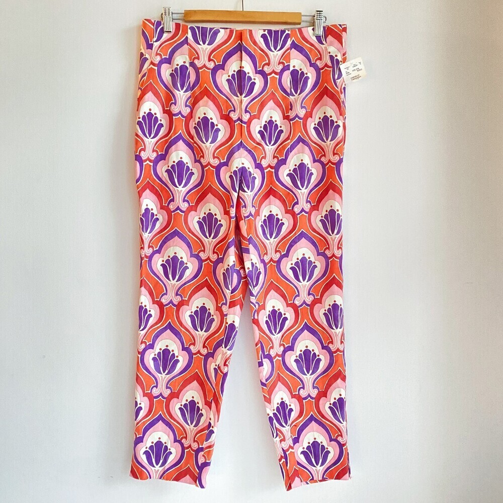 NWT Zara 60s Retro Print Pink Pueple Floral High Waist Slim Fit Pants 10